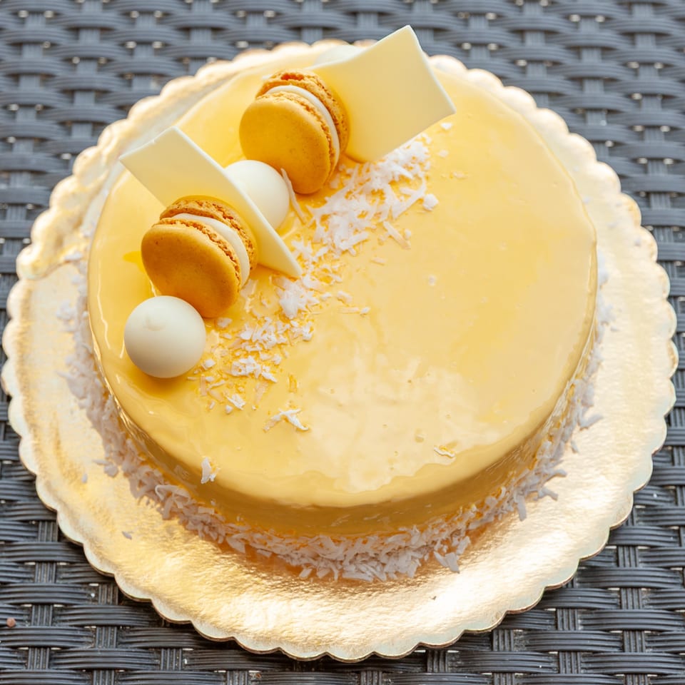 A round yellow glazed cake on a gold scalloped plate, garnished with macarons, white chocolate, and coconut flakes.